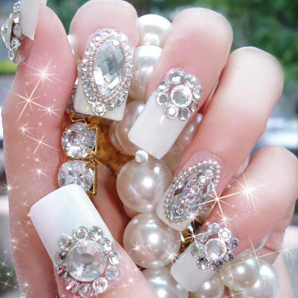 Ojeli Tırnak Modelleri 7 Ojeli Tırnak Modelleri - Freeshipping 10Pieces Set Handmade Custom Sparkling Diamond White French Bride Art False Nails