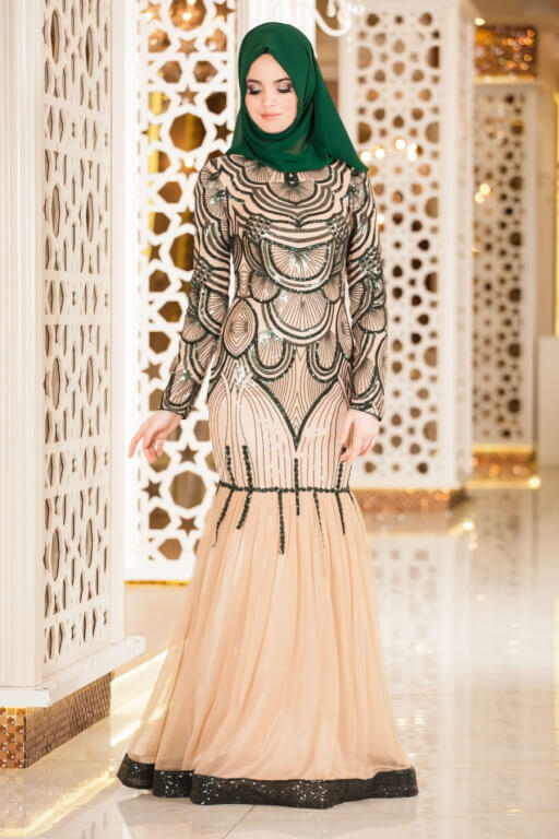 Tesettür Abiye Modelleri - Tesetturlu Abiye Elbise Pul Payetli Yesil Tesettur Abiye Elbise 4118Y 30811 11 B